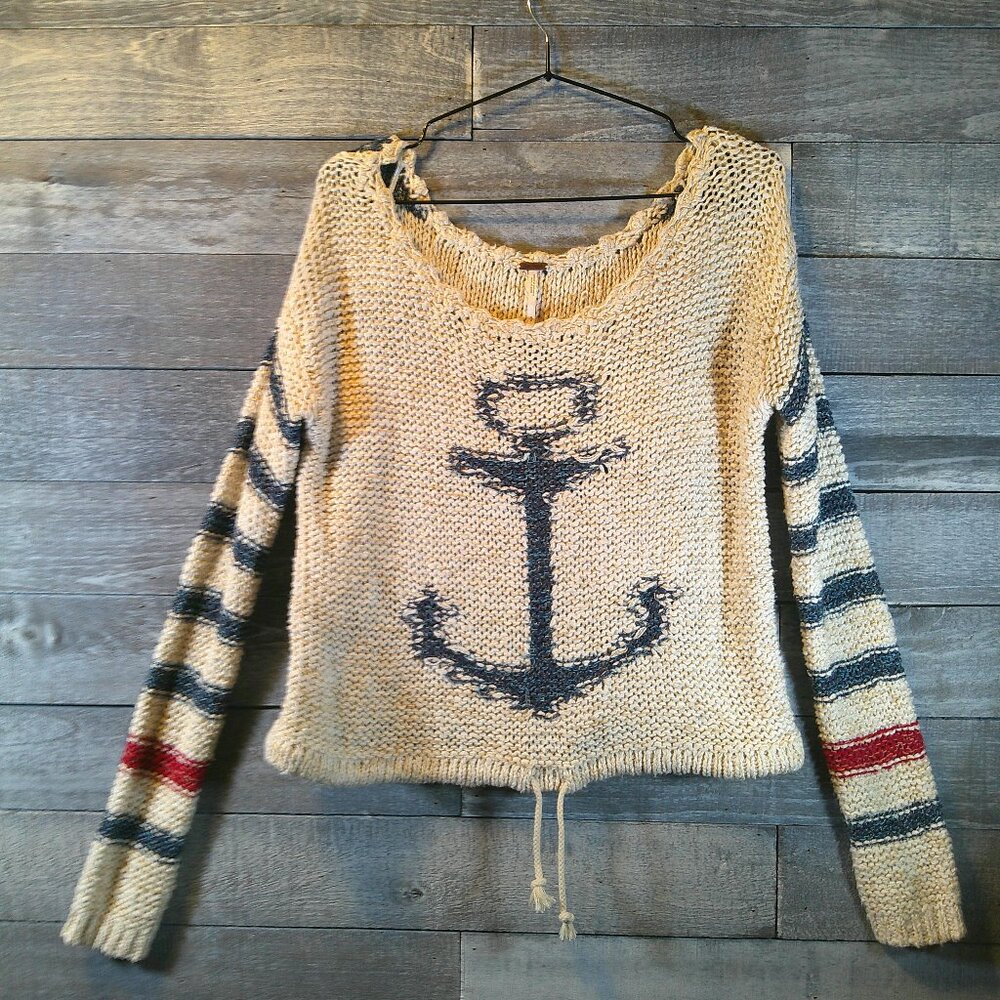 Free People Nautical Anchor Knit Sweater Small Cream Chunky Boho Coastal
